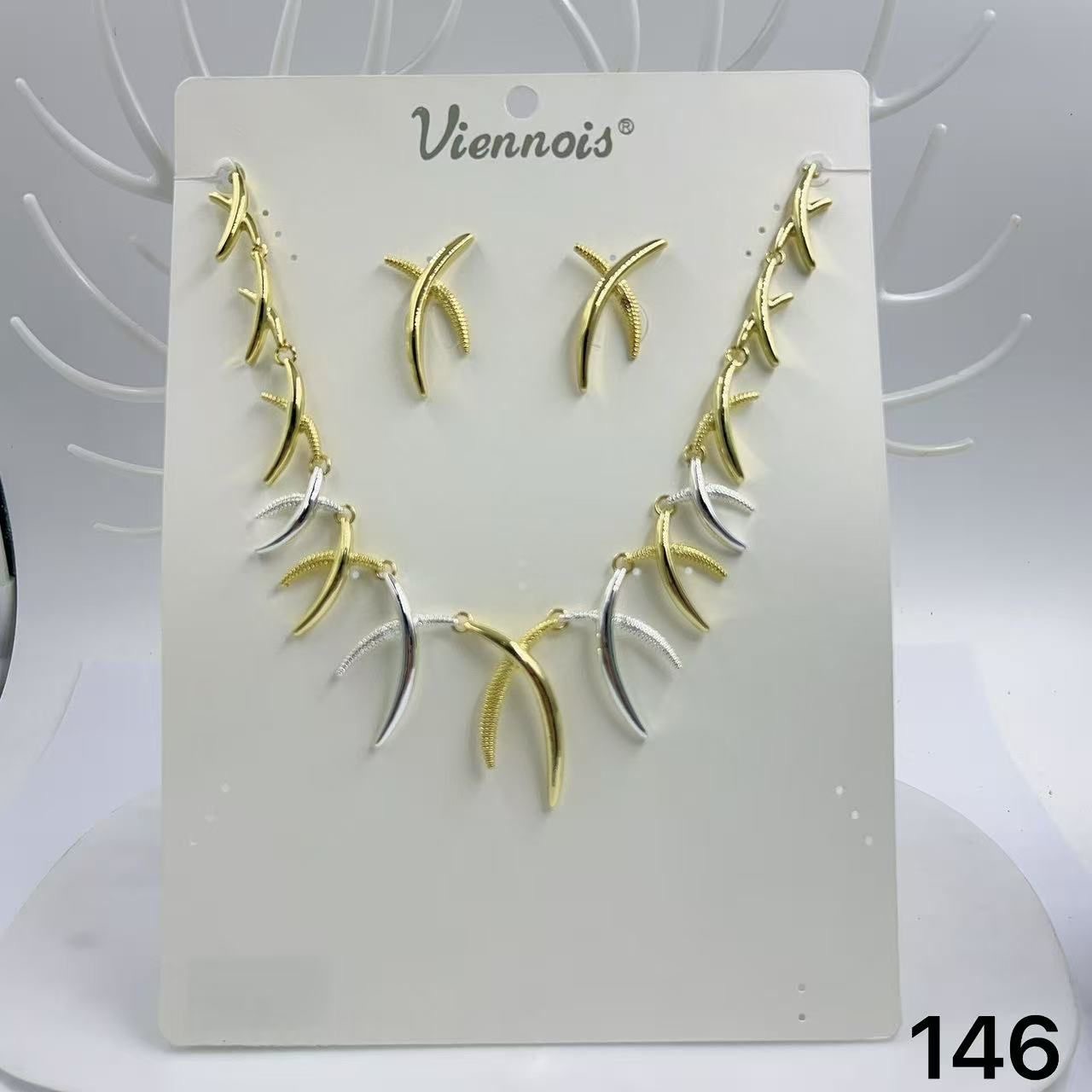 Viennois Gold & Silver Leaf Design Jewelry Set – Necklace & Stud Earrings