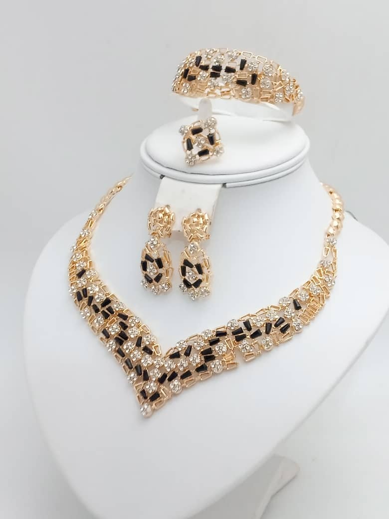 Luxe Black Crystal 4-Piece Jewelry Set — Gold-Tone Statement Collection