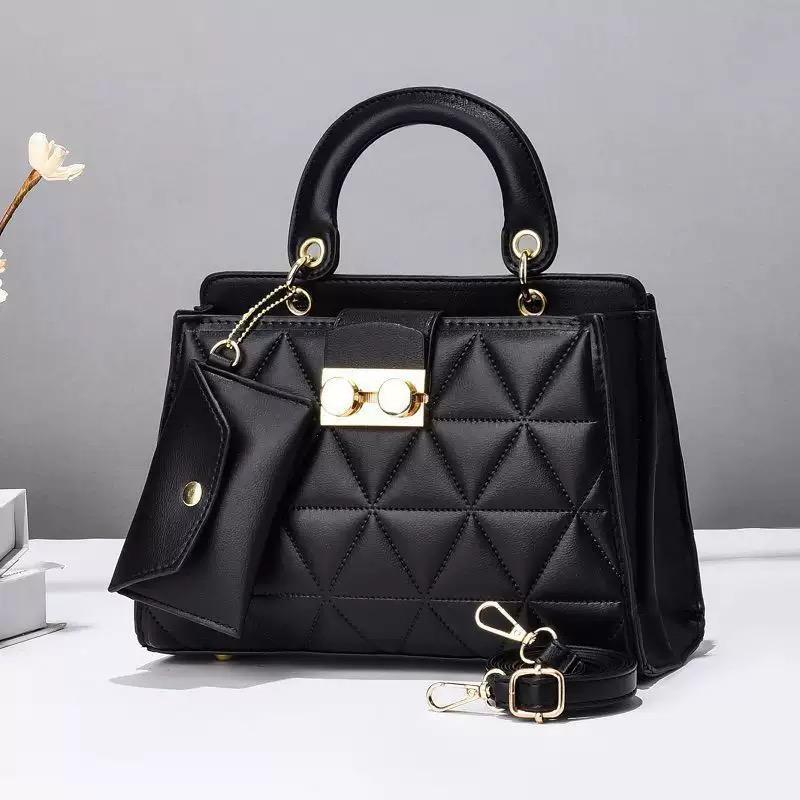 Luxury Quilted Top-Handle Handbag with Gold Lock & Mini Pouch