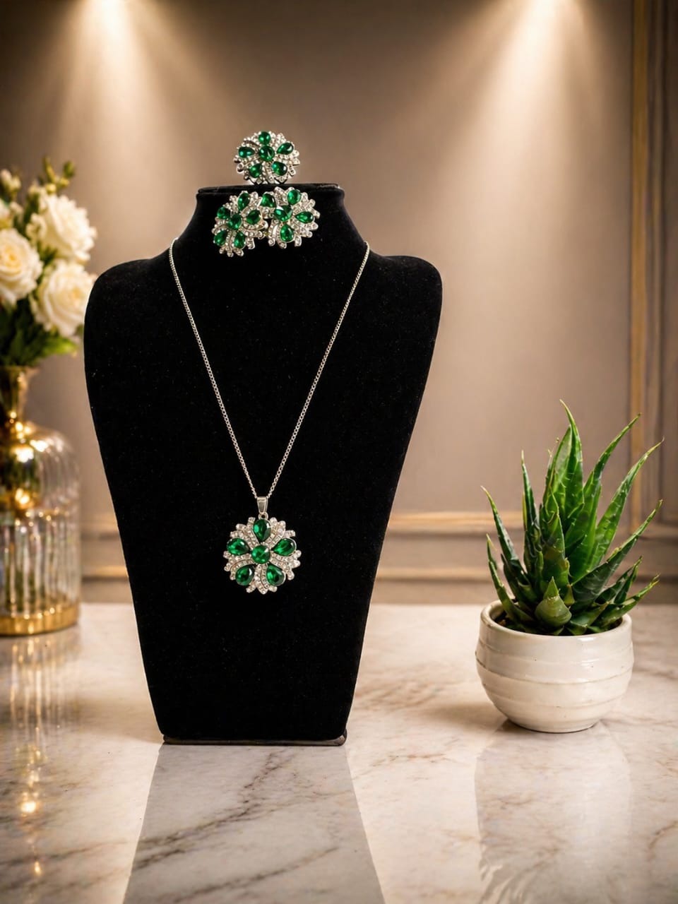 Emerald Green Crystal Jewelry Set – Elegant Floral Necklace, Earrings & Ring Collection