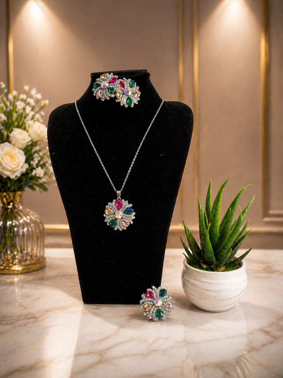 Multicolor Crystal Floral Jewelry Set – Elegant Necklace, Earrings & Ring Collection
