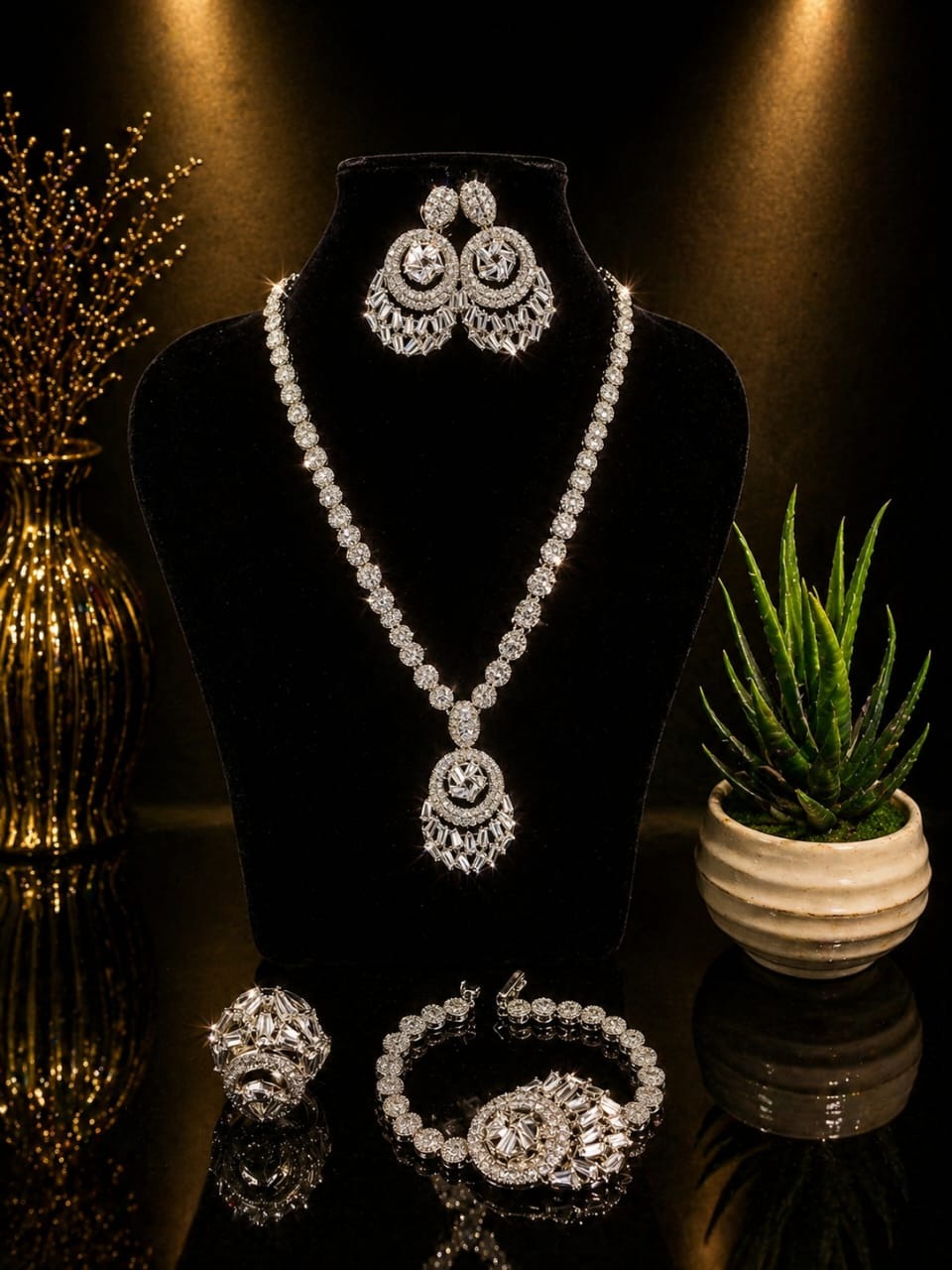 Luxury Crystal Bridal Jewelry Set – Elegant Silver Necklace, Earrings, Bracelet & Ring Collection